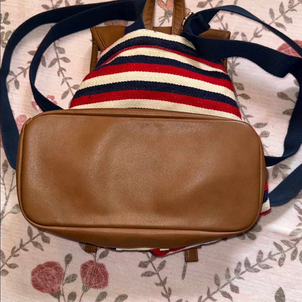 Charming Charlie Cream, Red &Blue Striped Canvas & Brown Faux Leather Backpack - Picture 6 of 8